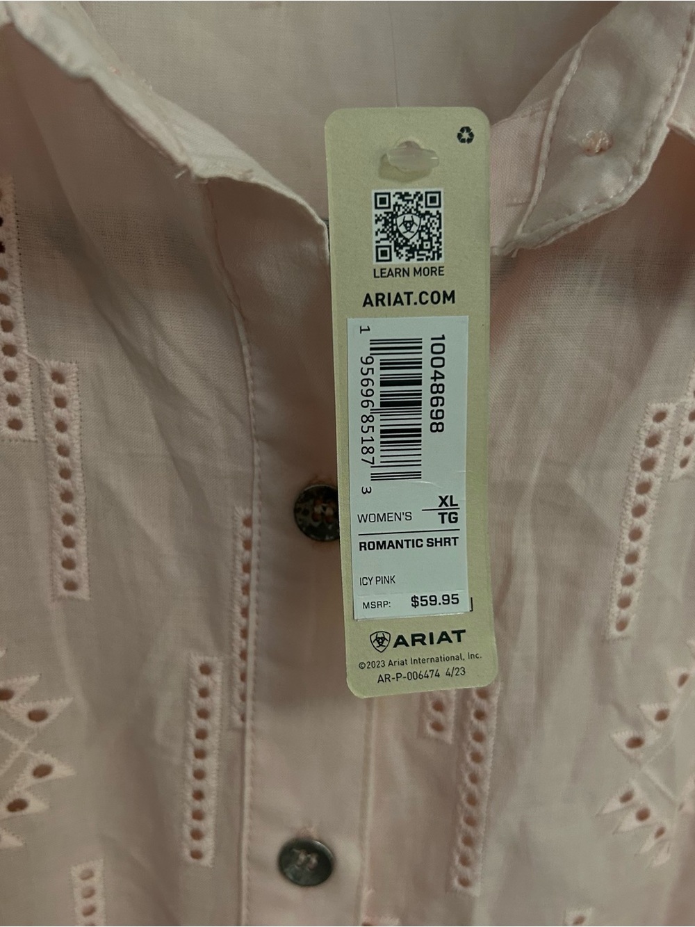 Ariat Eyelet Button Down Shirt Women’s XL Pink Coastal Cowgirl Long Sleeve NWT - Picture 3 of 10